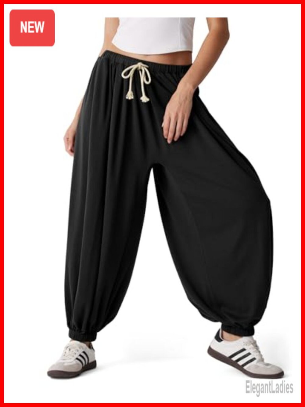 Pleated Balloon Harem Pants Elastic Waist Baggy Tapered Jogger